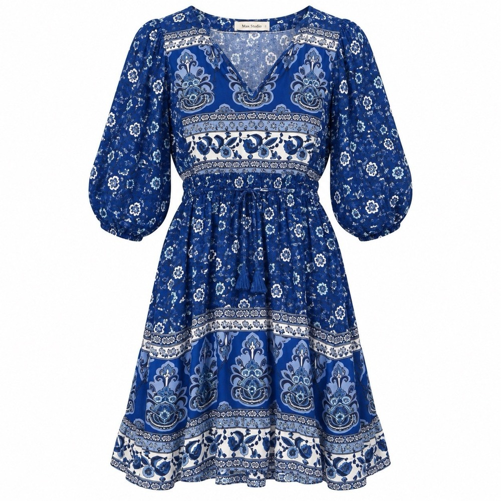 Rusttydustty Womens Small Blue Mini Dress Boho Paisley Floral Peasant Dress